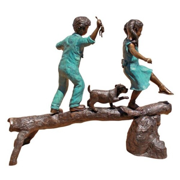 The Adventure Boy Girl & Dog On A Log Bronze Sculpture